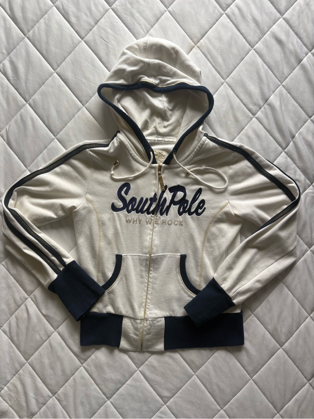 SouthPole Y2K Rhinestone Zip Up Hoodie Navy Cream